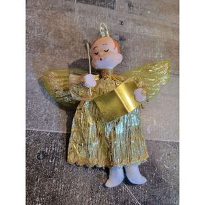 Golden caroling angel boy religious ornament Xmas decor
